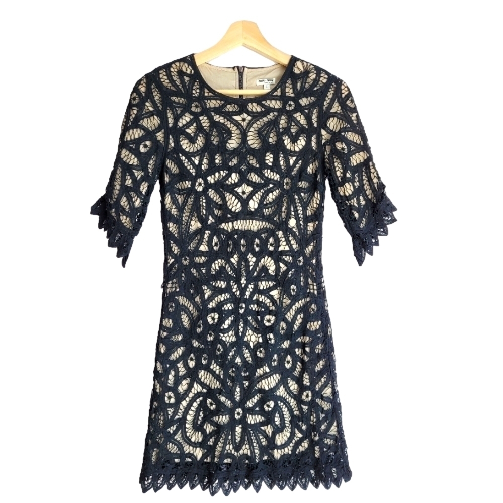 Miu Miu black crochet lace Formal dress, 100% cotton, size 2, Made In Italy
